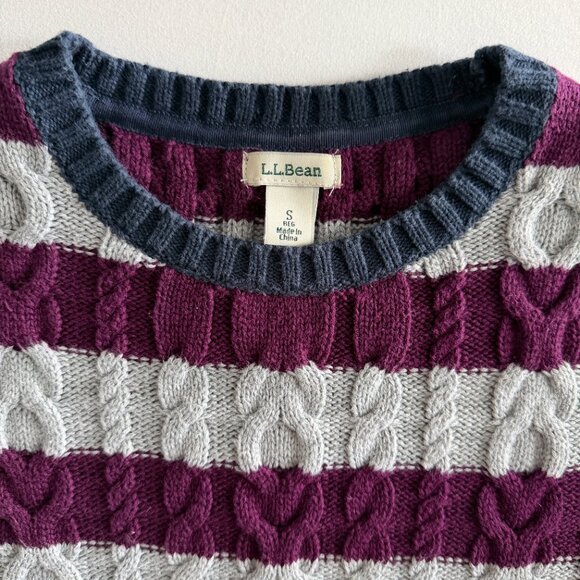 LL BEAN Double L Cotton Cable Knit Fisherman Sweater Gray Purple Small - Picture 5 of 10